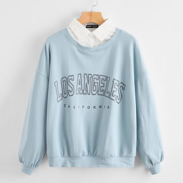 

Drop Shoulder 2 In 1 Collar Letter Graphic Pullover, Dusty blue