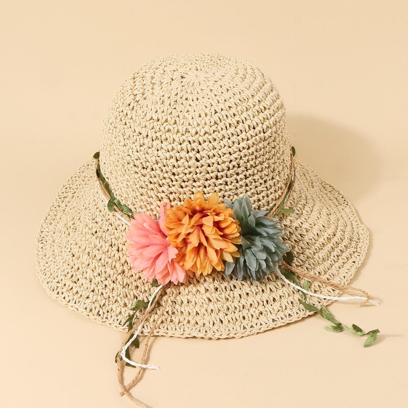 

Flower Decor Straw Hat, Beige