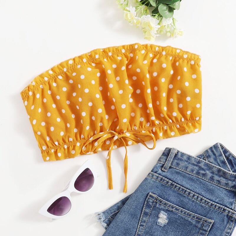 

Frill Trim Tie Front Tube Top, Mustard yellow