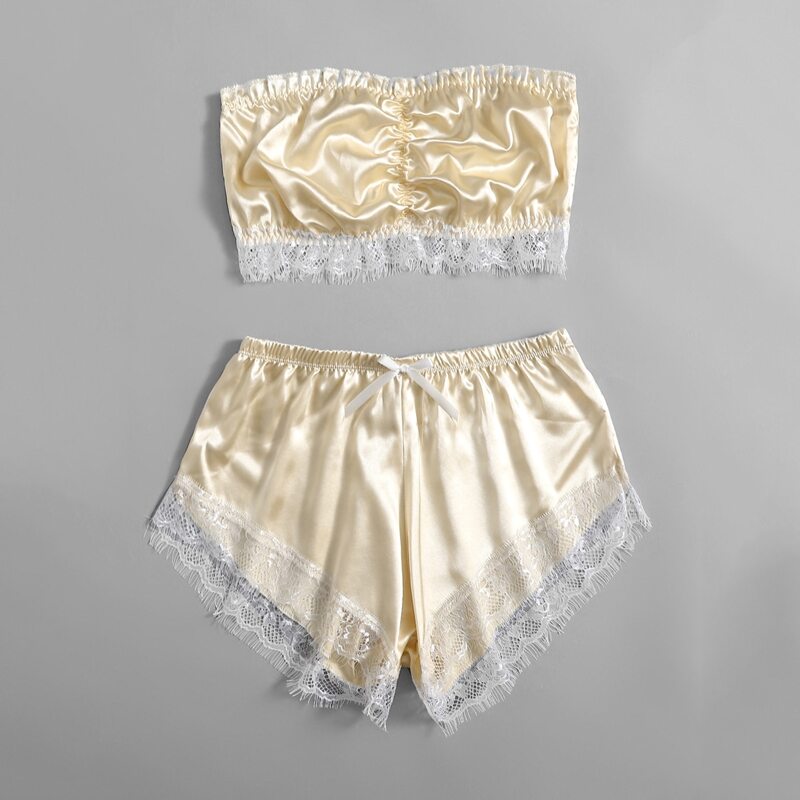 

Eyelash Lace Trim Bandeau Satin Lingerie Set, Champagne