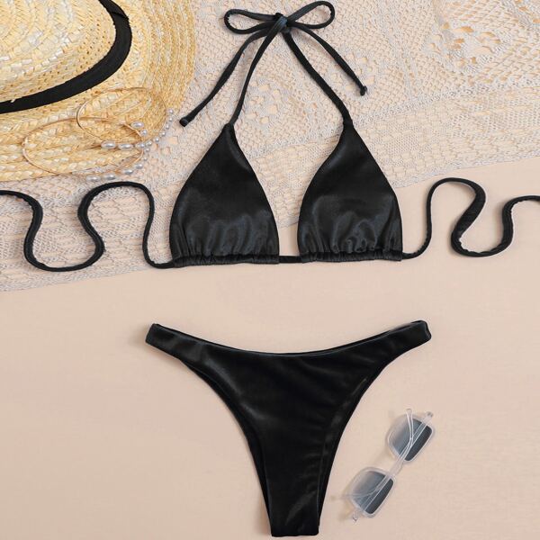 

Velvet Halter Bikini Swimsuit, Black