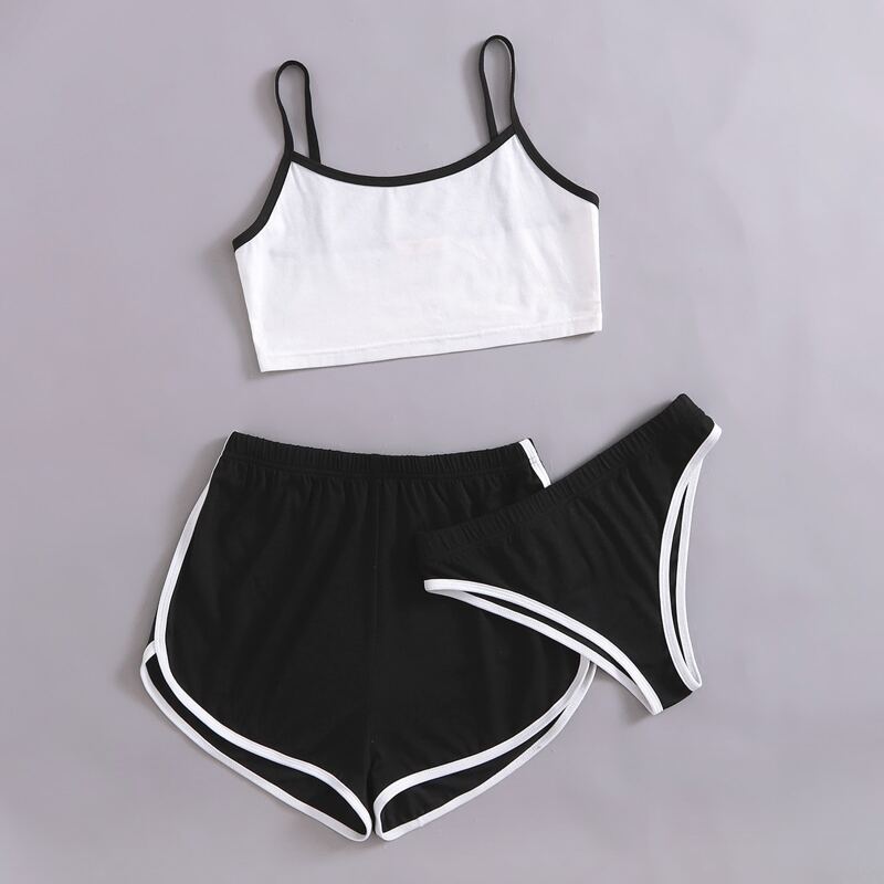 

3pack Contrast Binding Lingerie Set & Shorts, Black and white