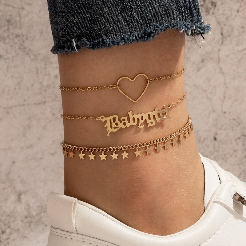

3pcs Heart Charm Anklet, Gold
