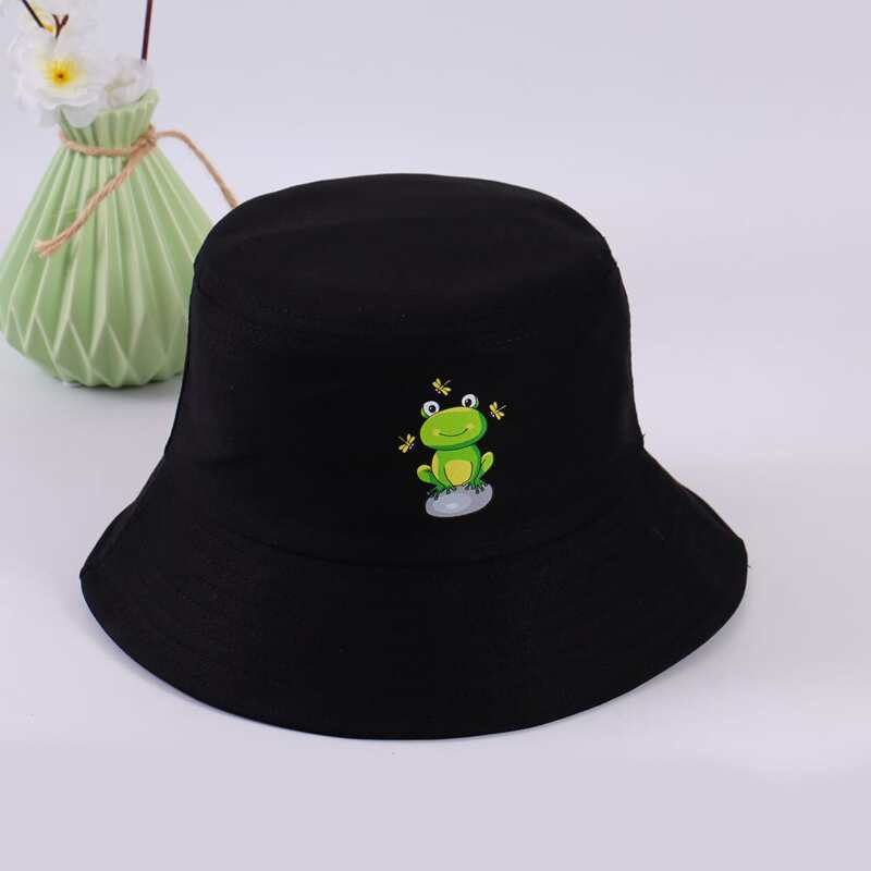 

Cartoon Frog Print Bucket Hat, Black