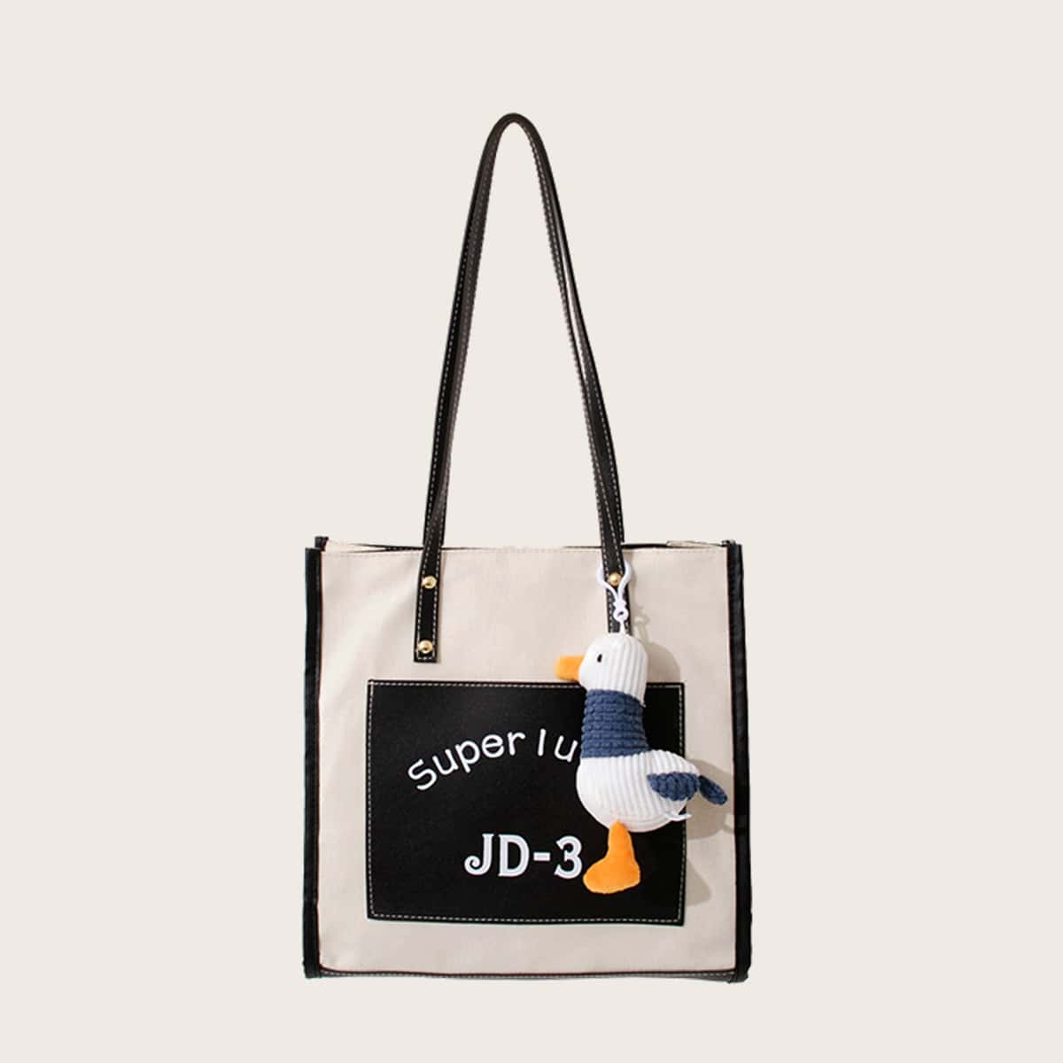 

Canvas Tote Bag With Duck Charm, Black and white