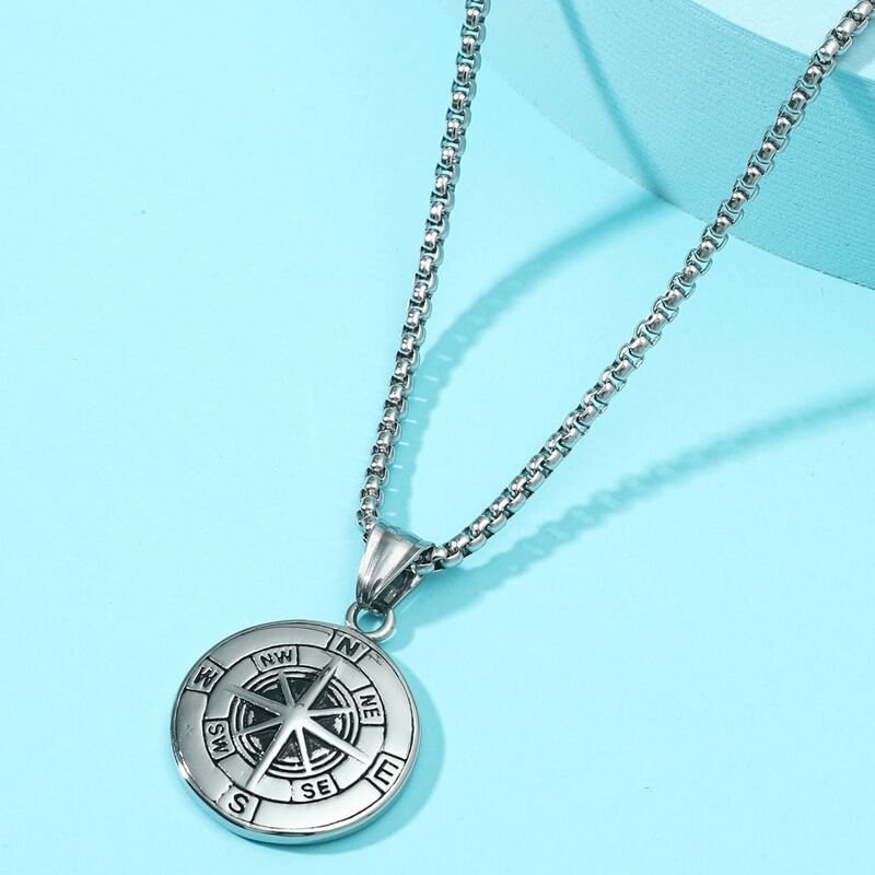 

Guys Compass Pendant Necklace, Silver