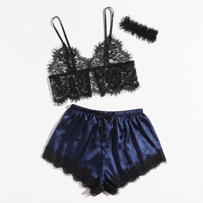 

Eyelash Floral Lace Satin Lingerie Set & Choker, Multicolor