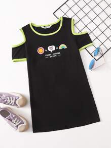 SHEIN Girls Cold Shoulder Letter & Floral Print Dress - Black - View 1