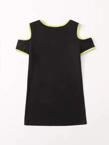 SHEIN Girls Cold Shoulder Letter & Floral Print Dress - Black - View 2