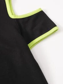 SHEIN Girls Cold Shoulder Letter & Floral Print Dress - Black - View 3