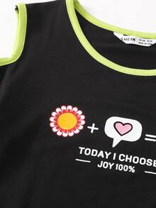 SHEIN Girls Cold Shoulder Letter & Floral Print Dress - Black - View 4