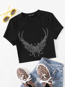 SHEIN EZwear Áo thun Pha lê kim cương Đồ họa Giải trí - màu đen - Xem 1