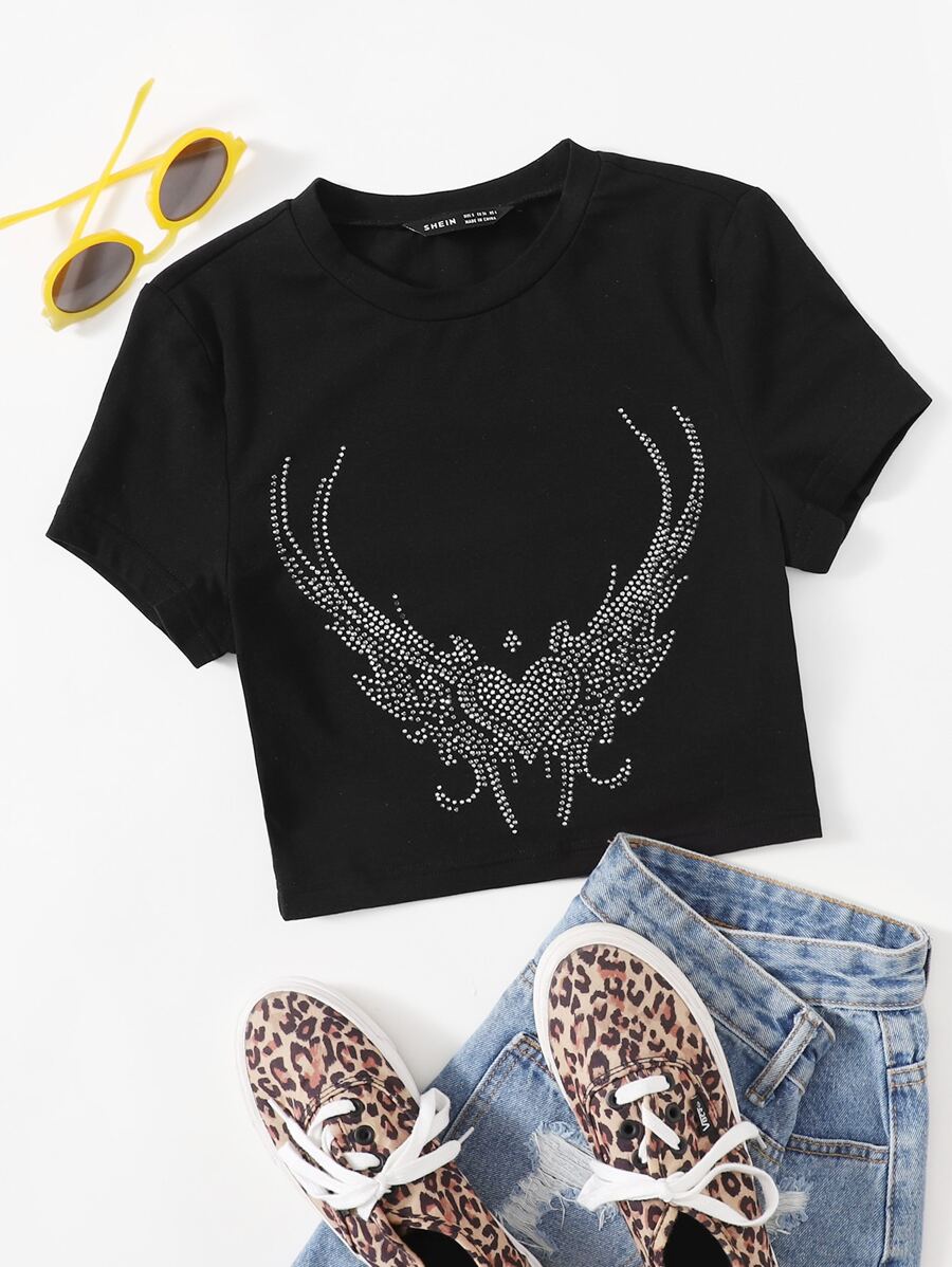 SHEIN EZwear Áo thun Pha lê kim cương Đồ họa Giải trí - màu đen - Xem 1