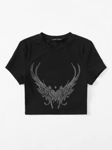 SHEIN EZwear Áo thun Pha lê kim cương Đồ họa Giải trí - màu đen - Xem 4