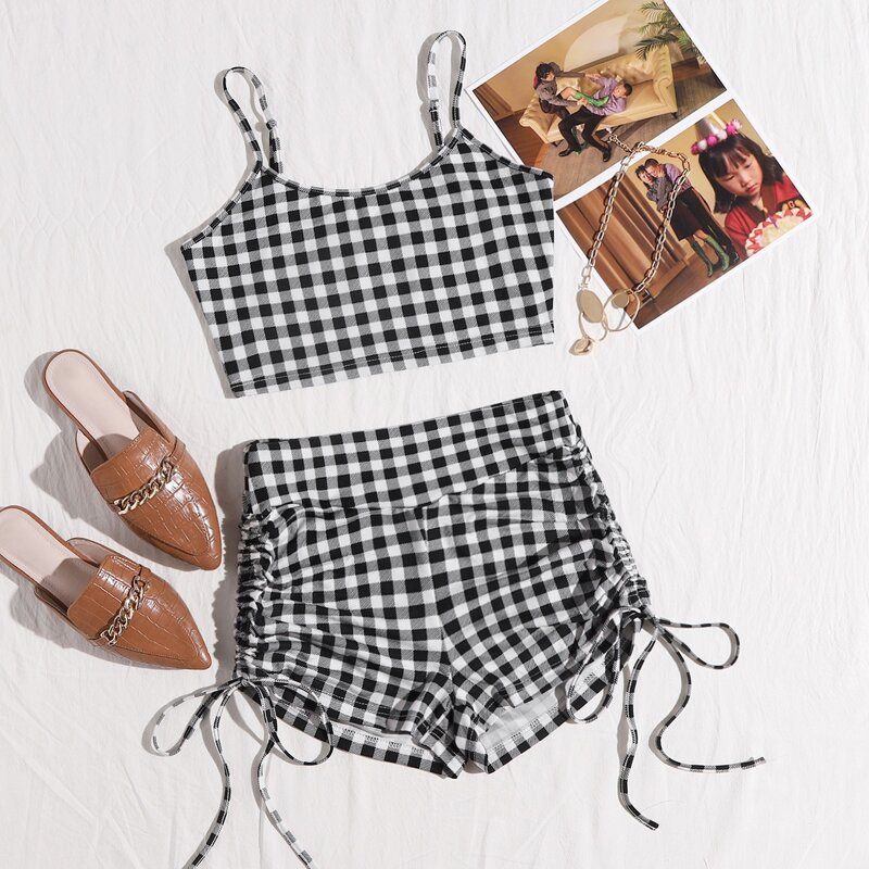 

Buffalo Plaid Cami Top & Drawstring Side Shorts PJ Set, Black and white