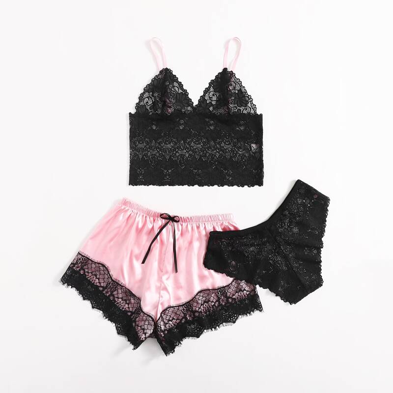 

3pack Floral Lace Lingerie Set & Satin Shorts, Multicolor