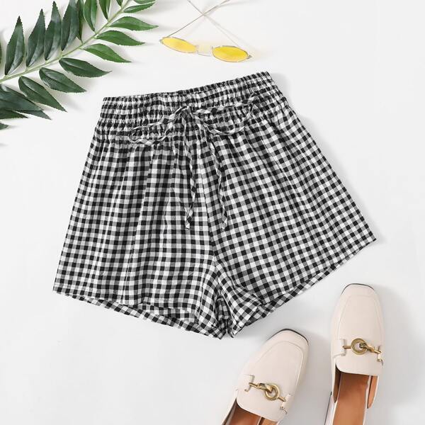 

Gingham Shirred Waist Tie Front Shorts, Black and white