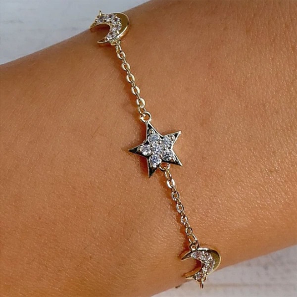 

Rhinestone Star & Moon Chain Bracelet, Silver