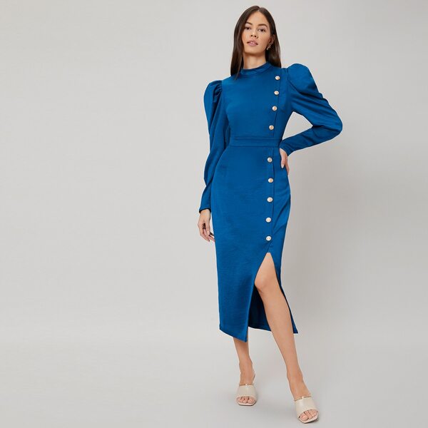 

FITTED GIGOT SLEEVE DRESS, Blue