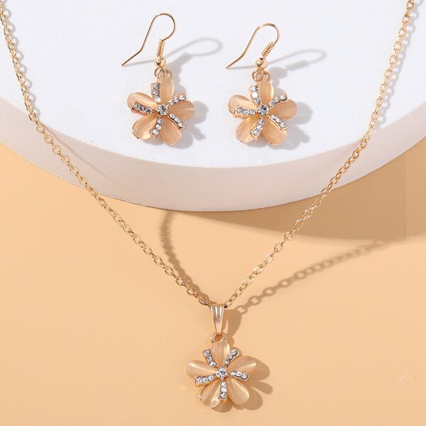 

1pc Opal & Rhinestone Flower Charm Necklace & 1pair Drop Earrings, Gold