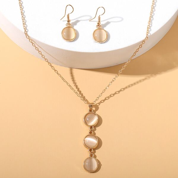

1pc Round Opal Charm Necklace & 1pair Drop Earrings, Gold