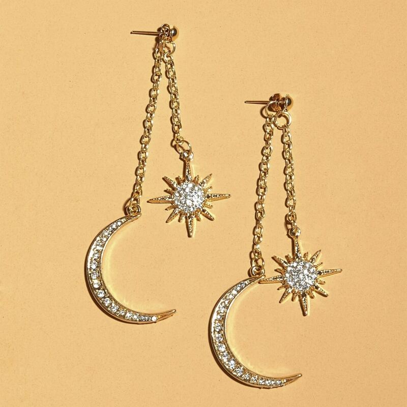 

1pair Star & Moon Drop Earrings, Gold