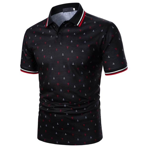 

Men Anchor Print Striped Tape Polo Shirt, Black