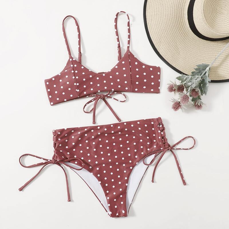 

Polka Dot Tie Side Bikini Swimsuit, Red