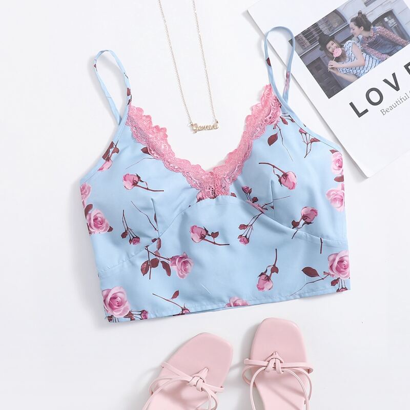 

Rose Print Lace Detail Cami Top, Baby blue