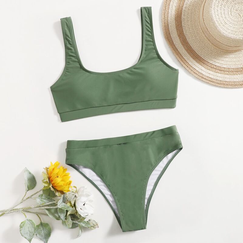 

Solid Tank Bikini Swimsuit, Army green
