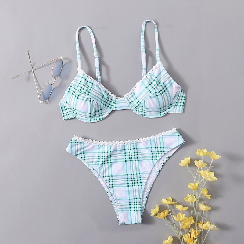 

Plaid Scallop Trim Underwire Bikini Swimsuit, Baby blue