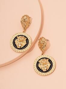 Bông tai hình tròn thả thiết kế hình đầu sư tử - Vàng - Xem 2