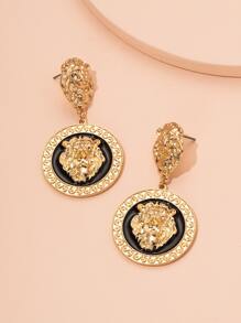 Bông tai hình tròn thả thiết kế hình đầu sư tử - Vàng - Xem 3