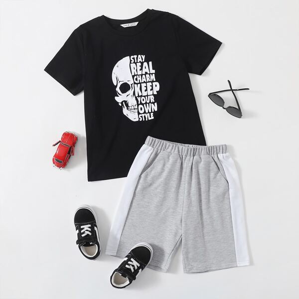 

Boys Skull Print Slogan Graphic Tee & Side Stripe Track Shorts Set, Multicolor
