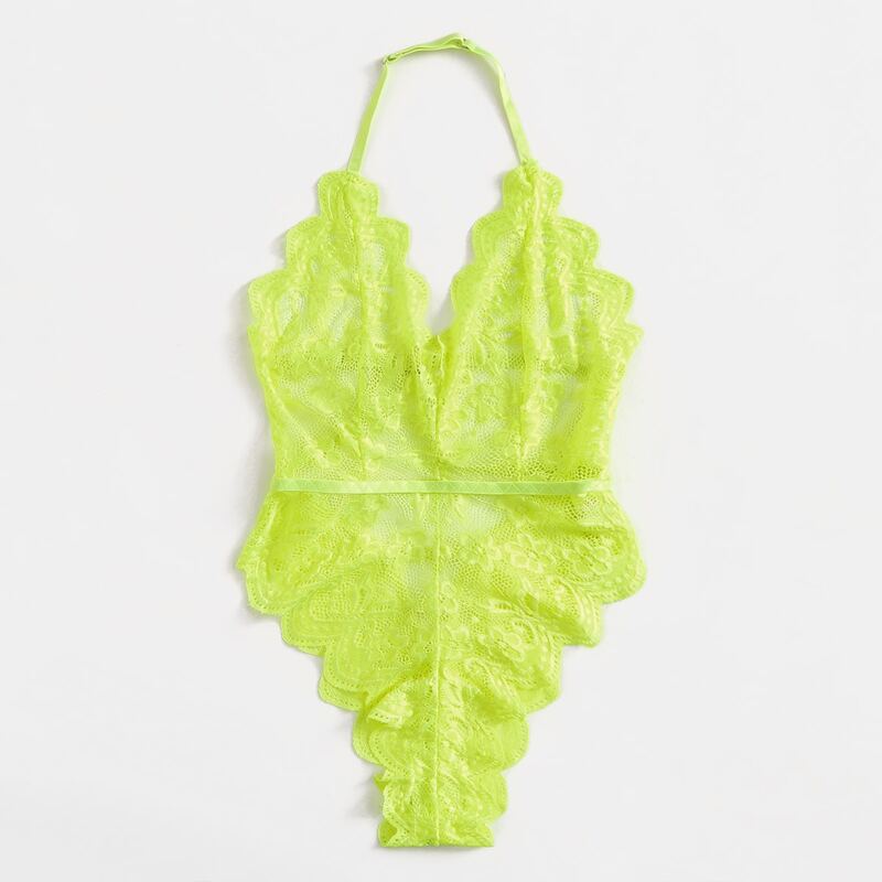 

Floral Lace Halter Teddy Bodysuit, Lime green
