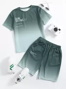 SHEIN Tween Boy Slogan Graphic Ombre Tee & Track Shorts Set - Dark Green - View 1