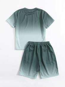 SHEIN Tween Boy Slogan Graphic Ombre Tee & Track Shorts Set - Dark Green - View 2