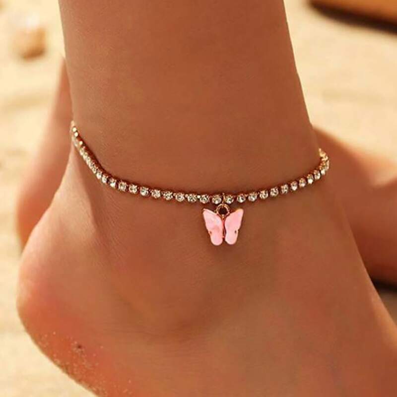 

Rhinestone & Butterfly Decor Anklet, Gold