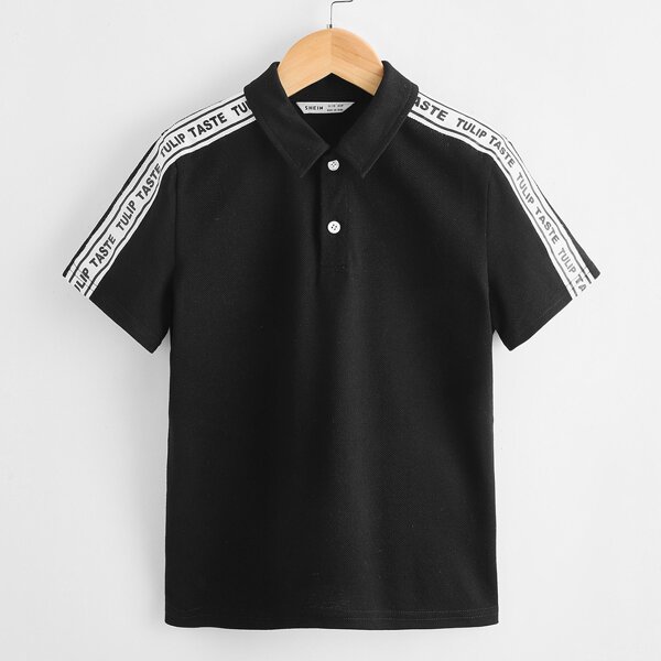 

Boys Letter Tape Side Polo Shirt, Black