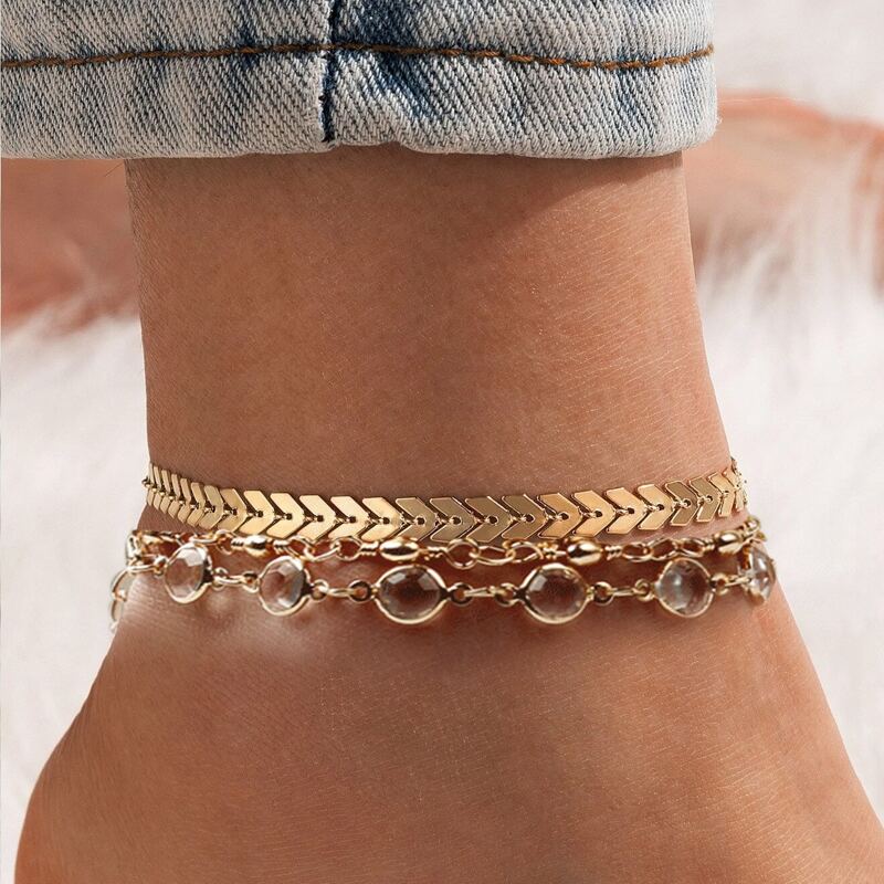 

3pcs Crystal Decor Chain Anklet, Gold