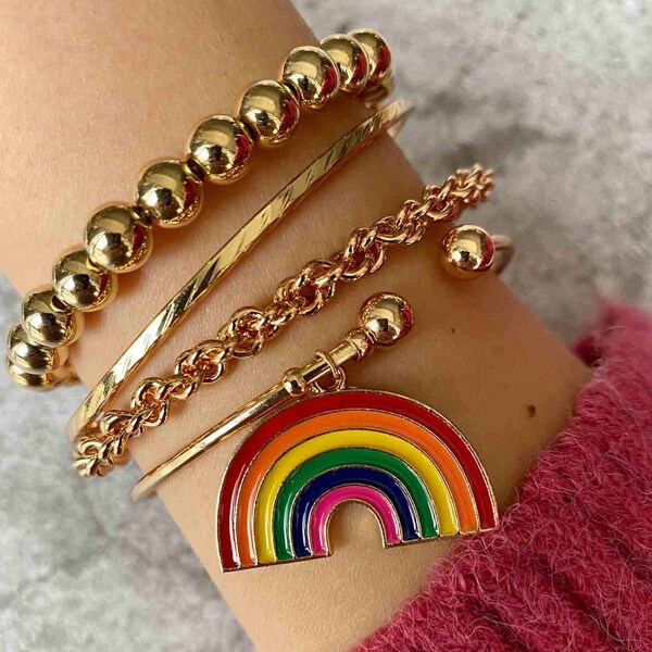 

4pcs Rainbow Beaded Bracelet, Gold