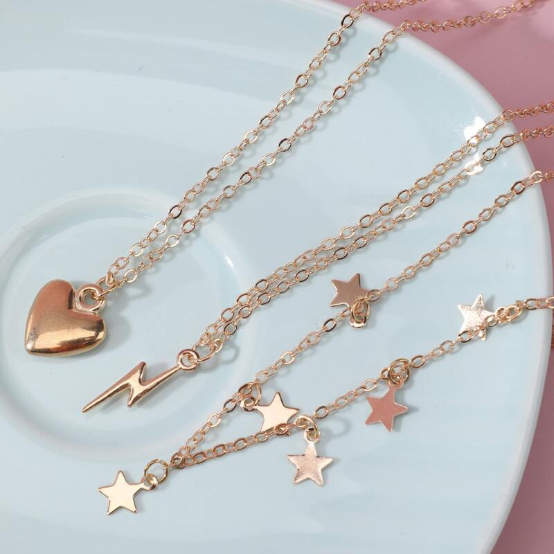 

3pcs Star & Heart Pendant Necklace, Gold