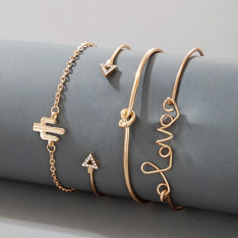 

4pcs Cactus & Letter Design Bracelet, Gold