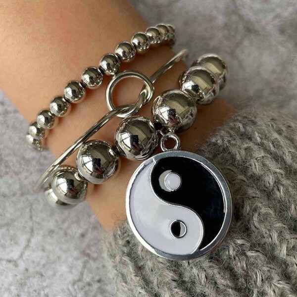 

3pcs Yin & Yang Beaded Bracelet, Silver
