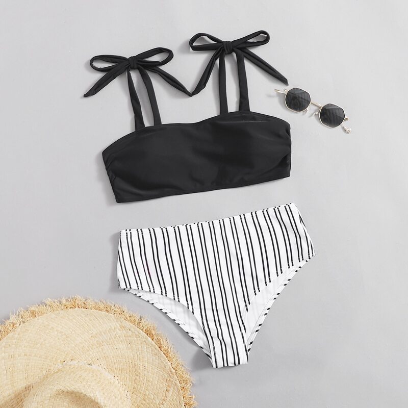 

Striped Print Bikini Swimsuit, Black and white