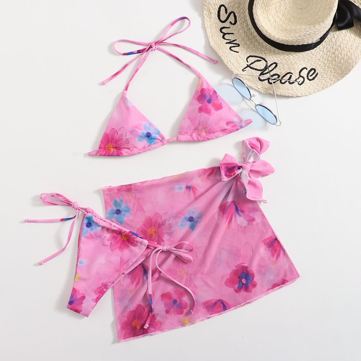 

3pack Floral Halter Bikini Swimsuit With Beach Skirt, Pink