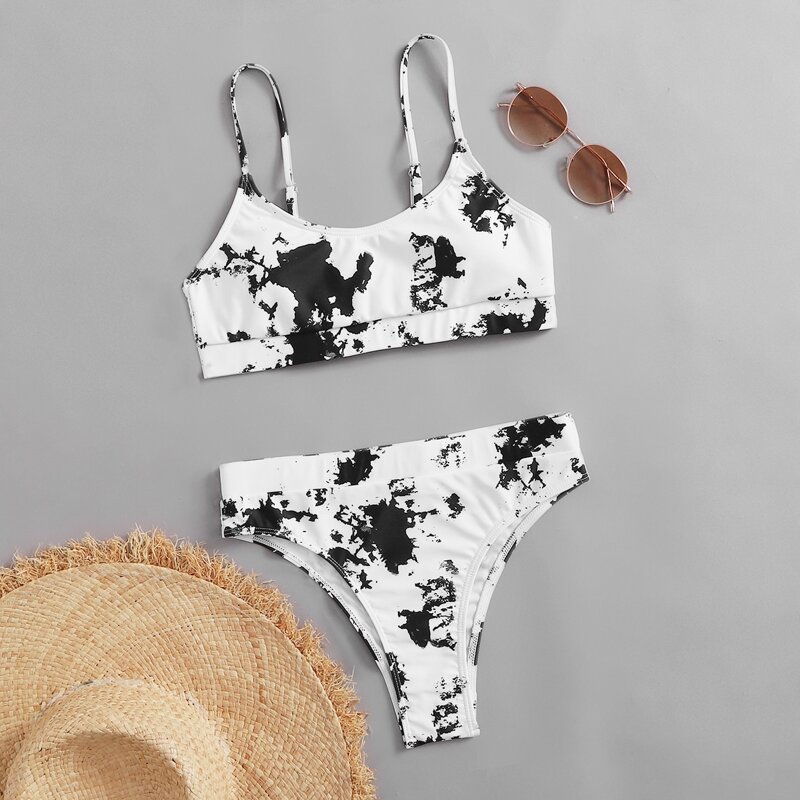 

Tie Dye Print Bikini Swimsuit, Black and white