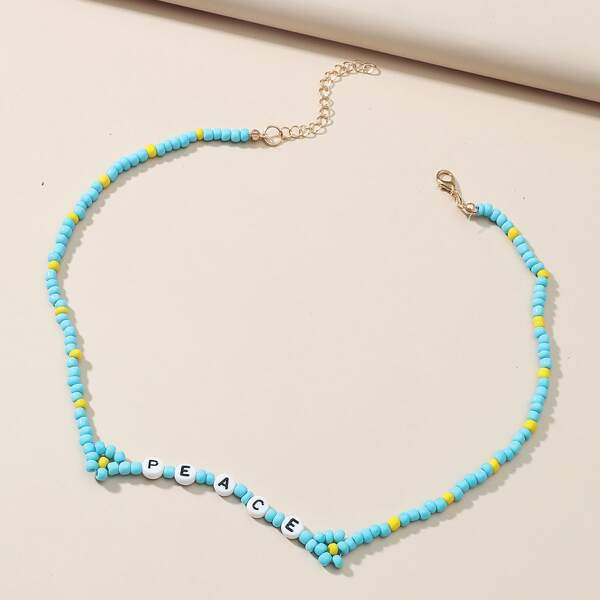 

Letter Bead Decor Necklace, Blue