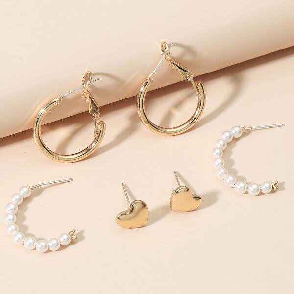 

3pairs Faux Pearl Heart Decor Earrings, Gold