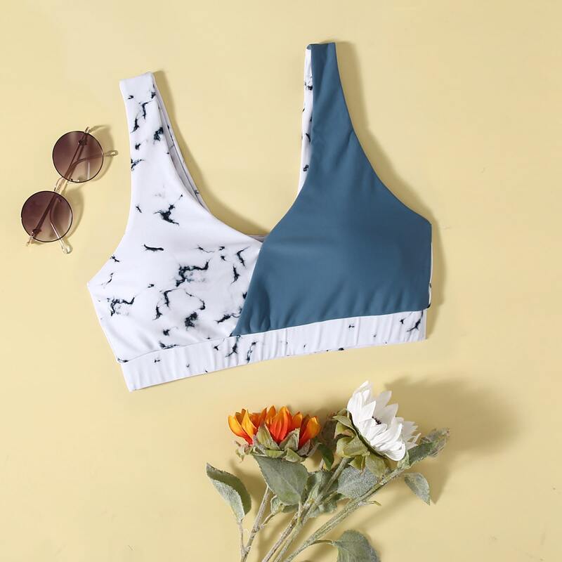 

Marble Print Color Block Bikini Top, Multicolor